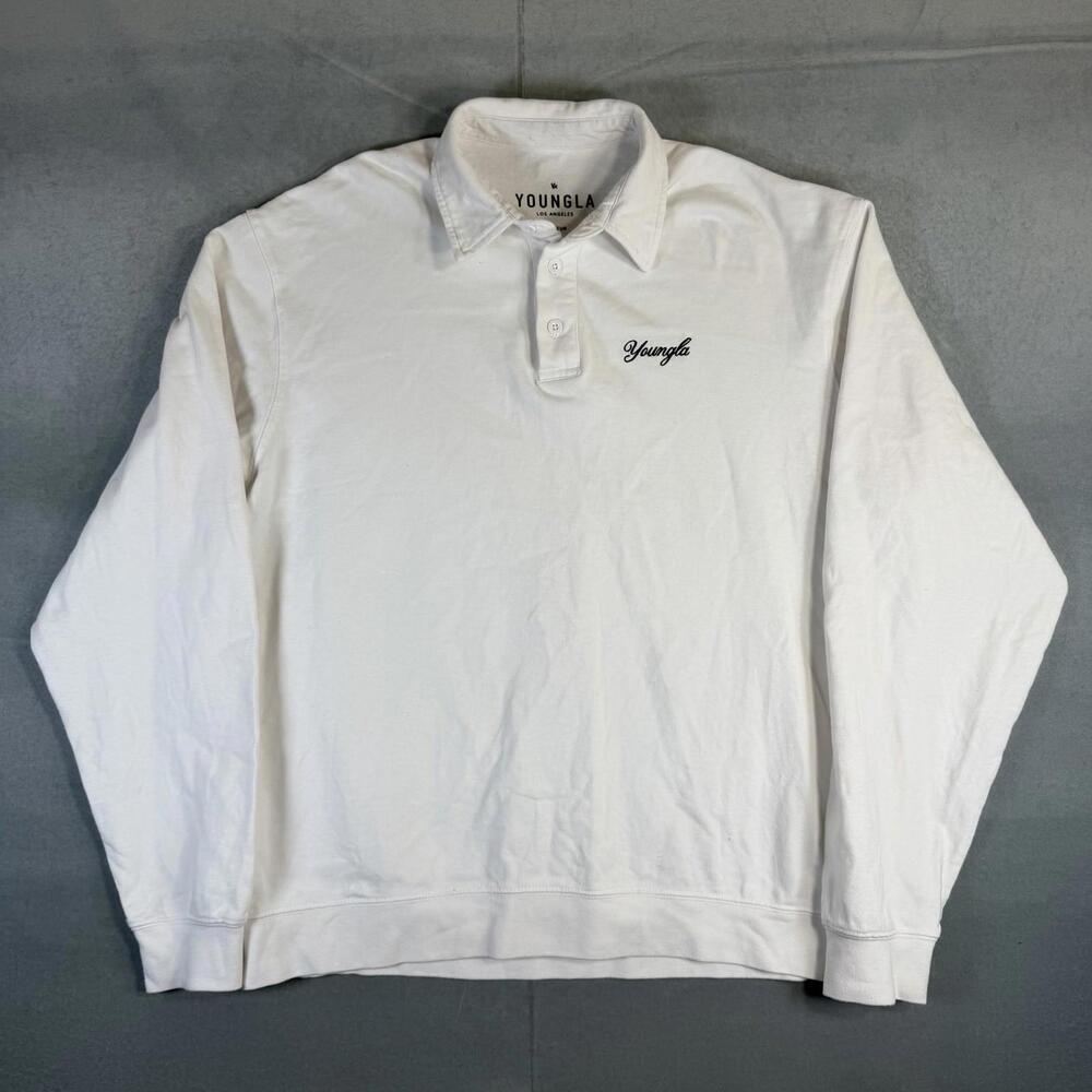 YoungLA Long Sleeve Polo Shirt Mens Medium White Embroidered Logo Heavyweight